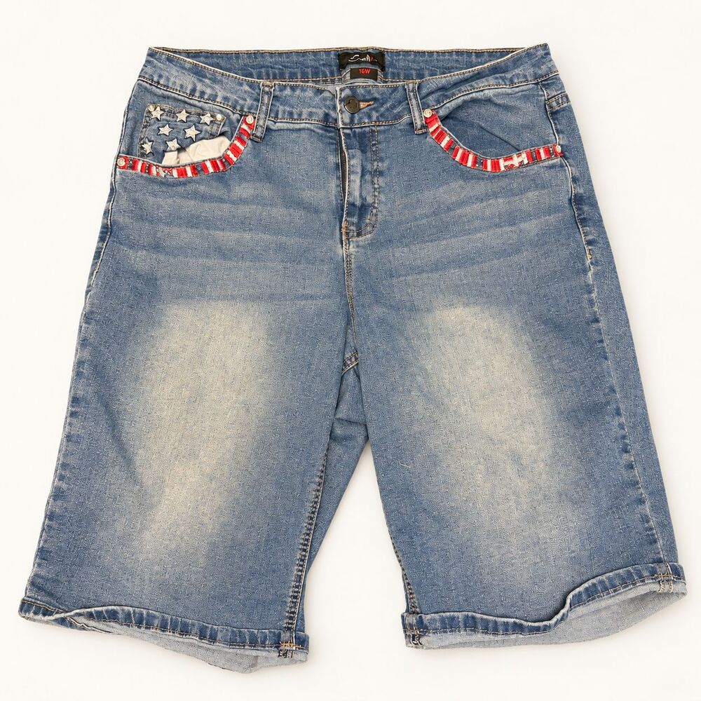 Earl Jean 16W Patriotic Flag Denim Bermuda Shorts Blue Stretch